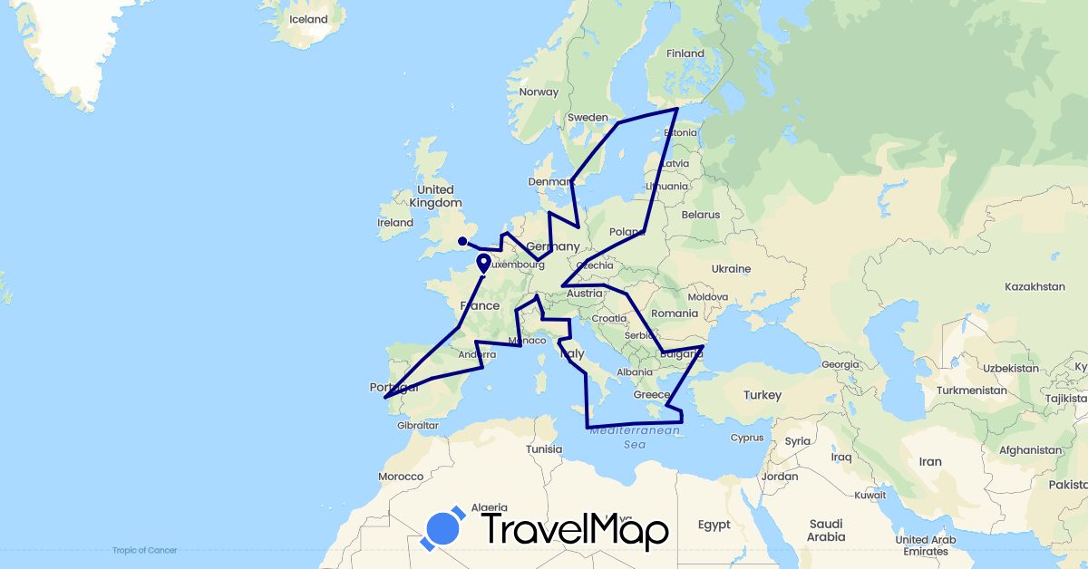 TravelMap itinerary: driving in Austria, Belgium, Bulgaria, Switzerland, Czech Republic, Germany, Denmark, Spain, Finland, France, United Kingdom, Greece, Hungary, Italy, Malta, Netherlands, Poland, Portugal, Sweden, San Marino (Europe)